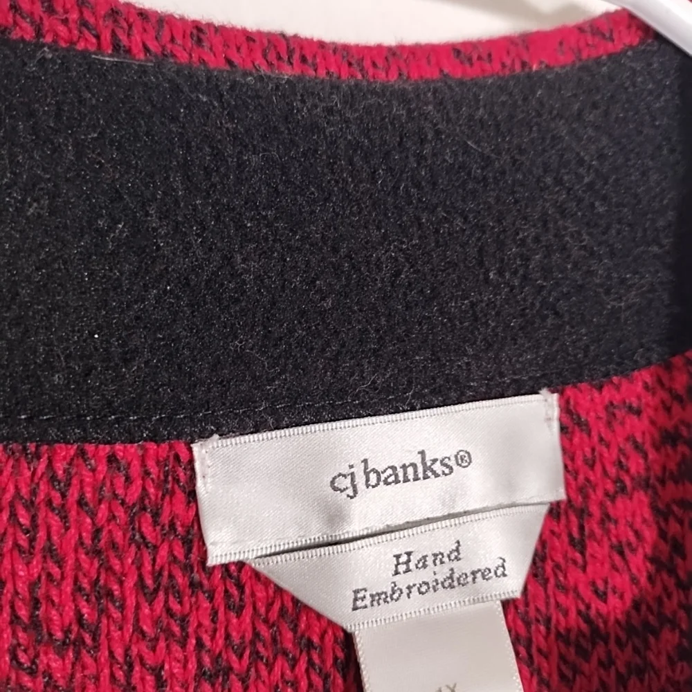 CJ Banks Ramie Knit Sweater Vest 1X  Red/Black Hand Embroidered Full Zip